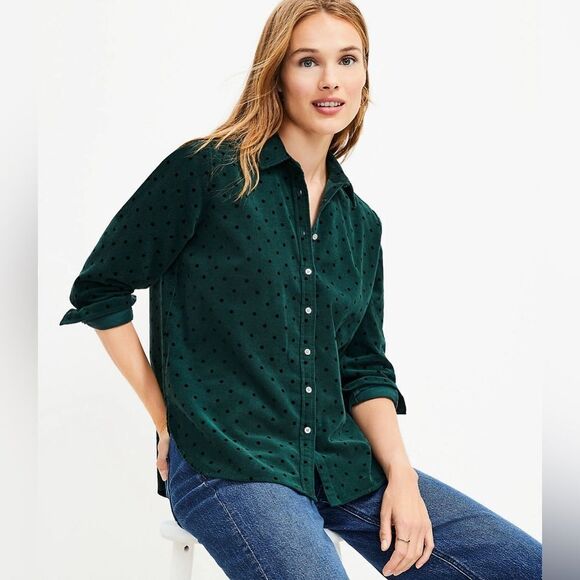 LOFT Women’s Green Black Velvet Dot Corduroy Everyday Button Front Shirt XS - Picture 14 of 14